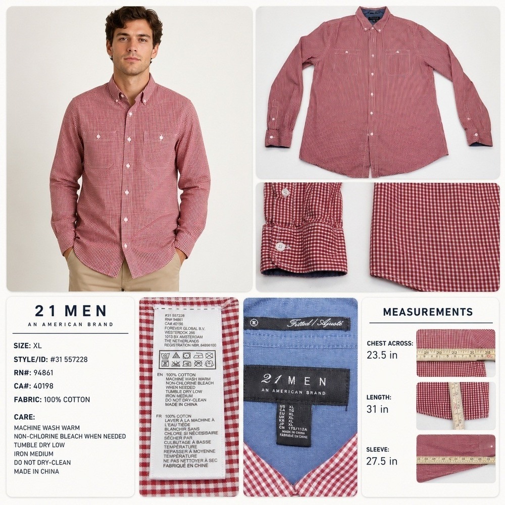 2MEN Red Gingham Button-Down Shirt Men's XL Long Sleeve Casual Cotton - Picture 2 of 5